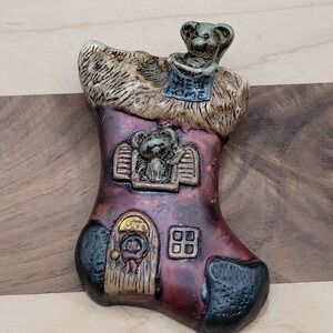 Vintage Resin Mice In Stocking House Christmas Brooch Pin